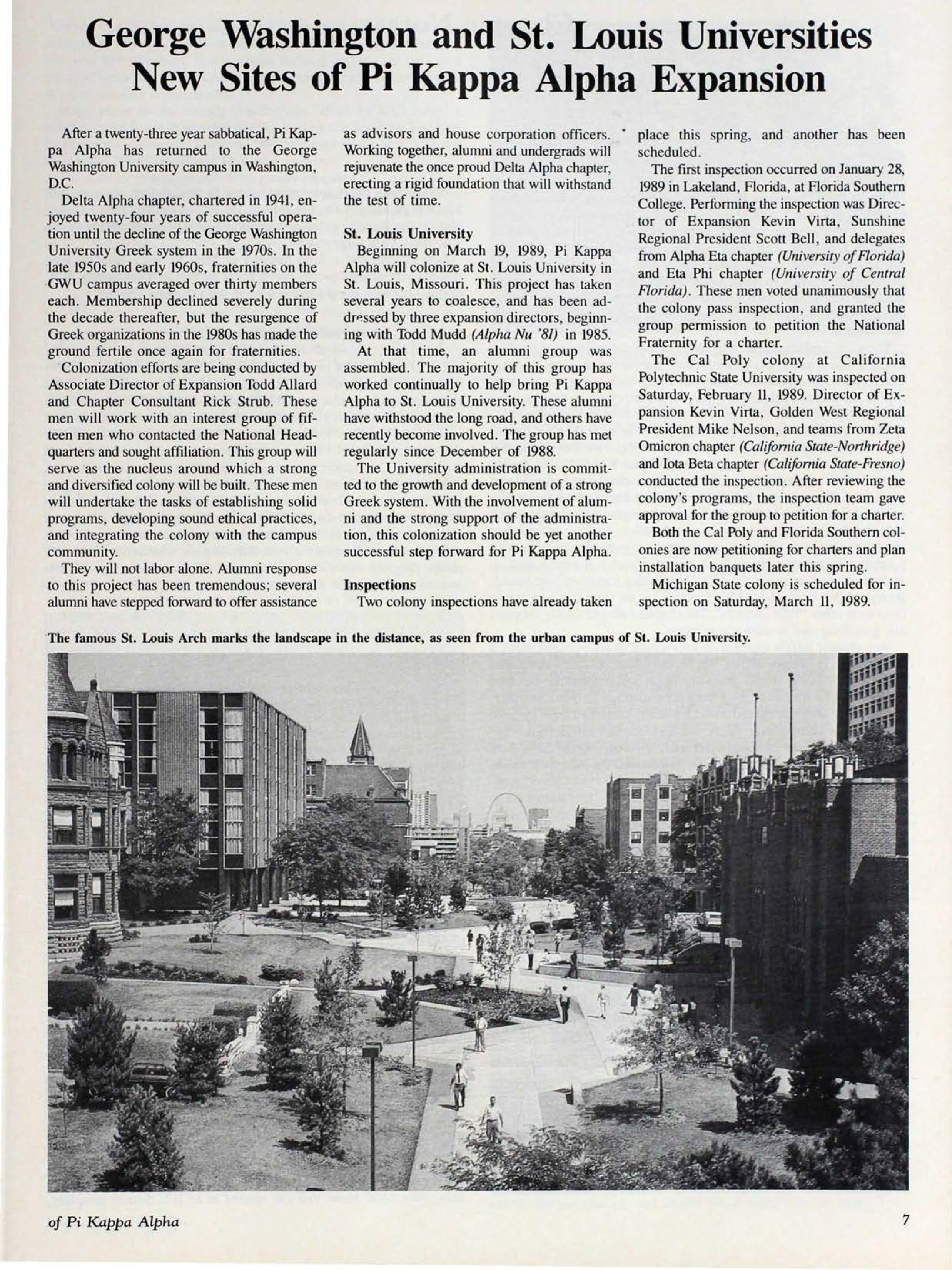 George Washington and St. Louis Universities New Sites of Pi Kappa Alpha Expansion